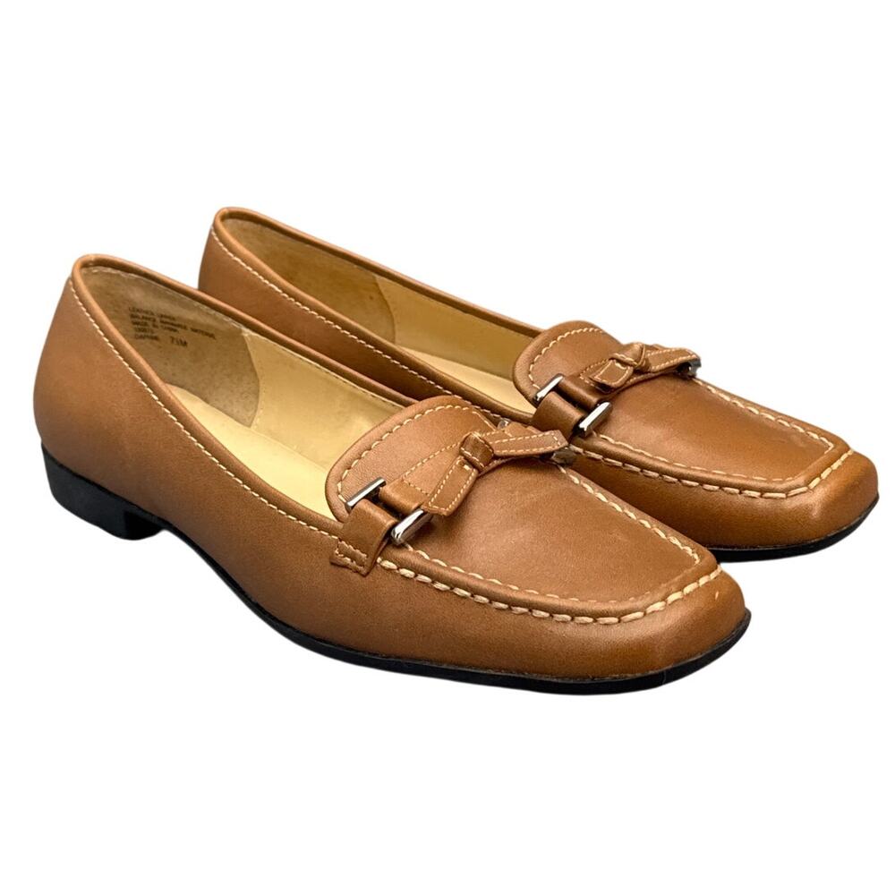 M. Patrick Camel Brown Leather Bow Slip On Block Heel Loafer Women 7.5